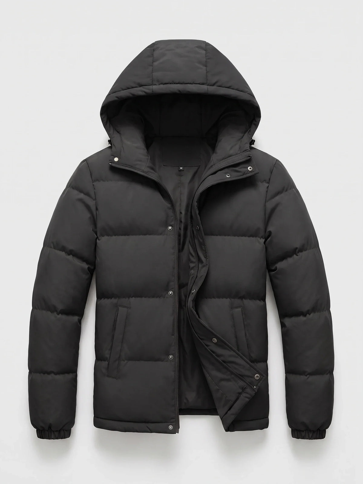 Men's water-resistant hooded puffer jacket – Black full view – Edward & Lawsen