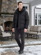 Men's water-resistant hooded puffer jacket – Black lifestyle view – Edward & Lawsen
