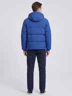 Men's water-resistant hooded puffer jacket – Blue back view – Edward & Lawsen