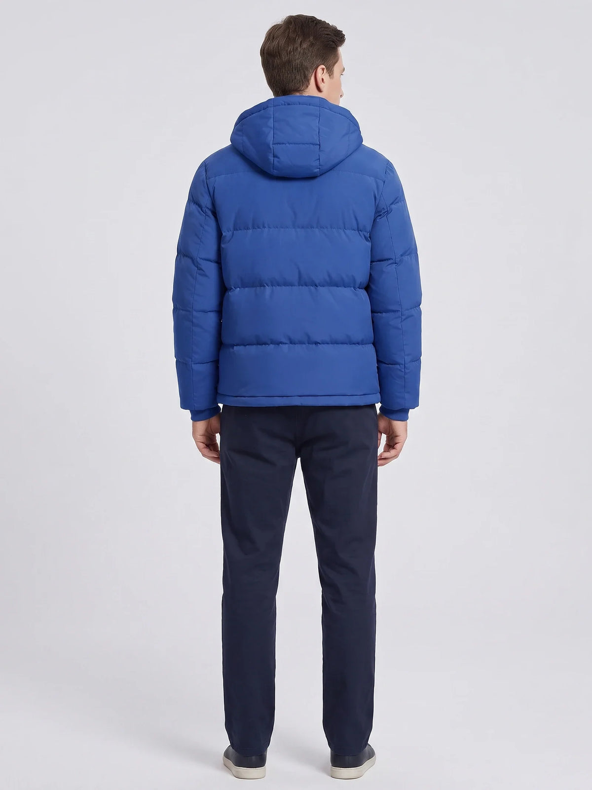 Men's water-resistant hooded puffer jacket – Blue back view – Edward & Lawsen