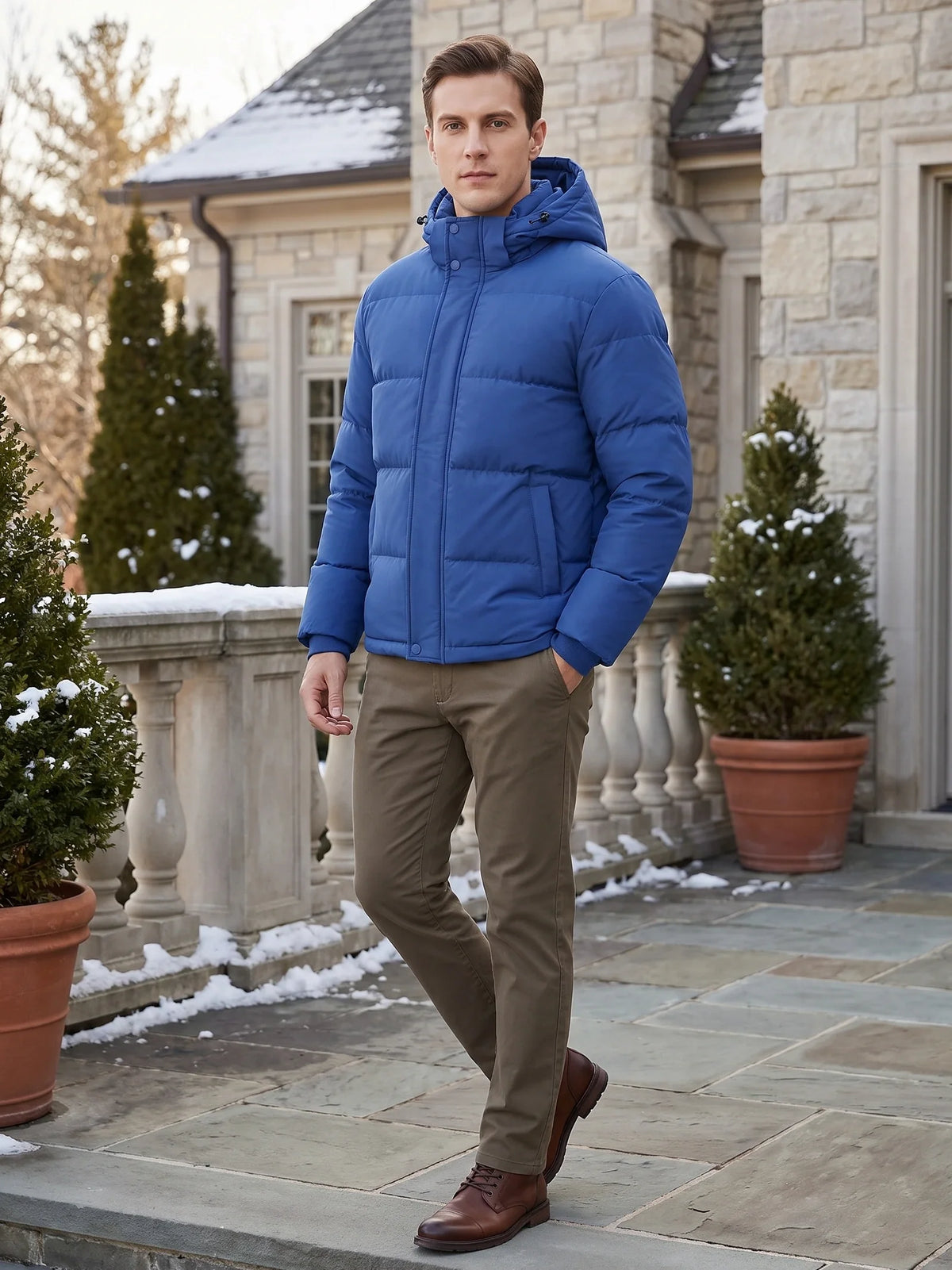 Men's water-resistant hooded puffer jacket – Blue lifestyle view – Edward & Lawsen