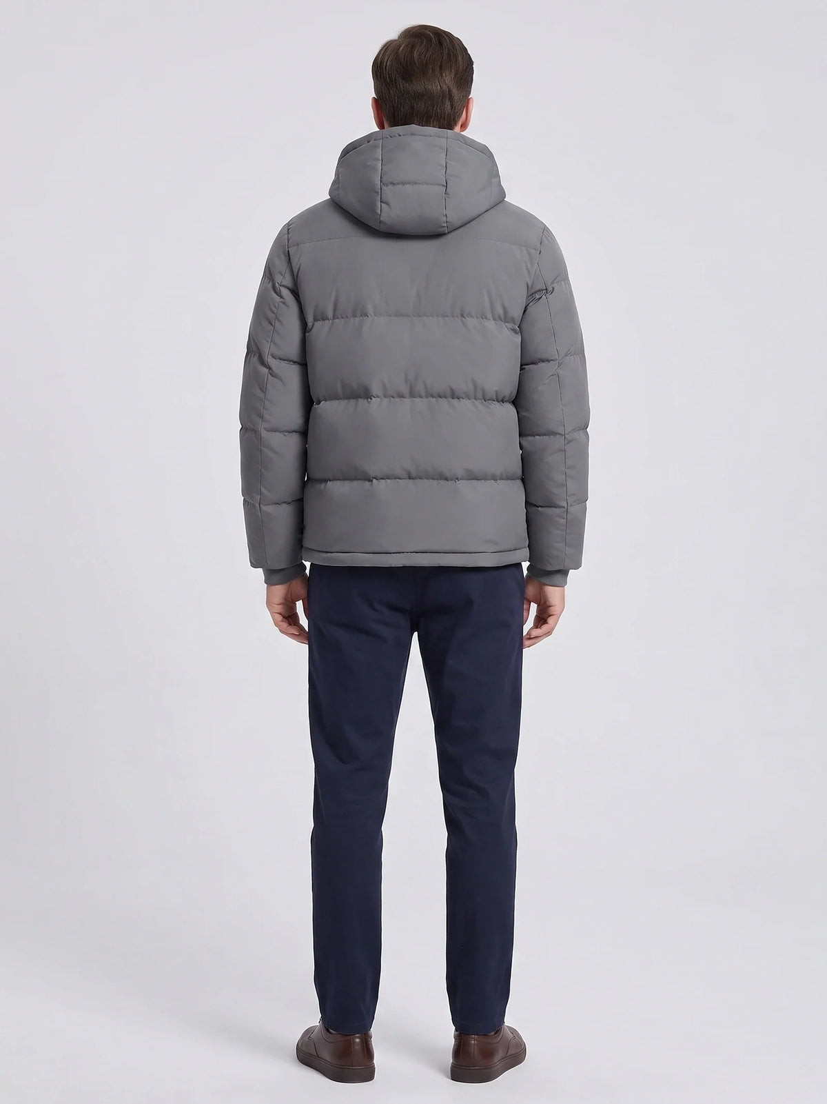 Men's water-resistant hooded puffer jacket – Gray back view – Edward & Lawsen