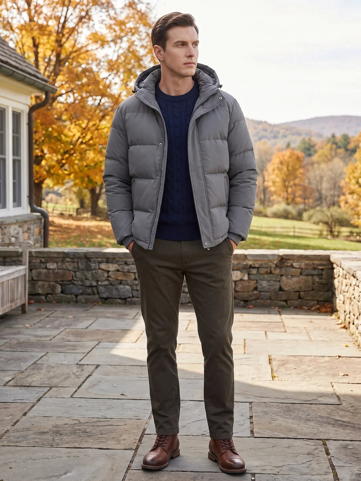 Men's water-resistant hooded puffer jacket – Gray lifestyle view – Edward & Lawsen