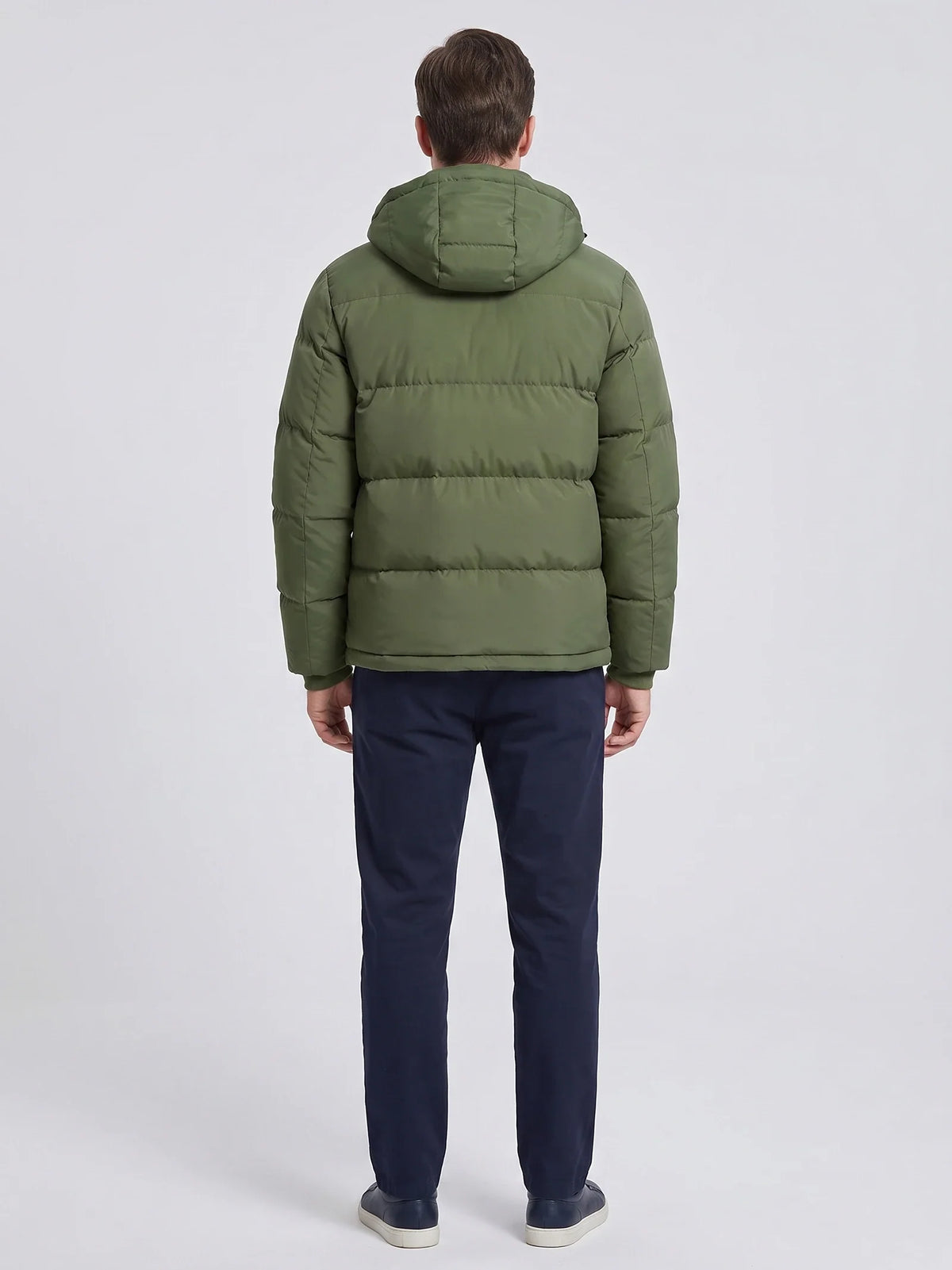 Men's water-resistant hooded puffer jacket – Green back view – Edward & Lawsen