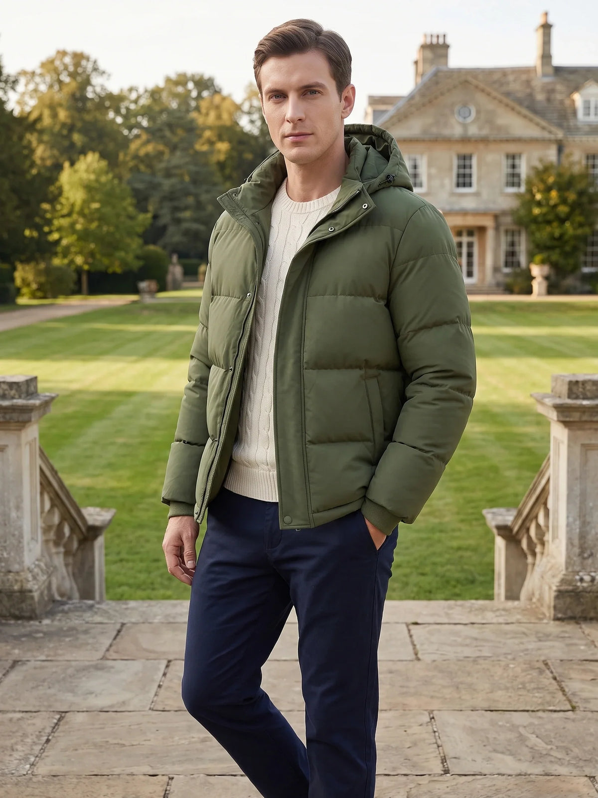 Men's water-resistant hooded puffer jacket – Green lifestyle view – Edward & Lawsen