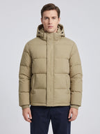 Men's water-resistant hooded puffer jacket – Khaki front view – Edward & Lawsen