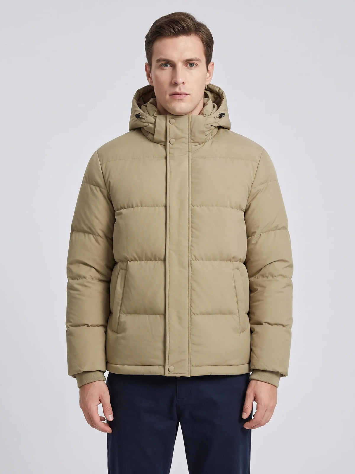Men's water-resistant hooded puffer jacket – Khaki front view – Edward & Lawsen