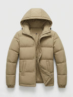Men's water-resistant hooded puffer jacket – Khaki full view – Edward & Lawsen