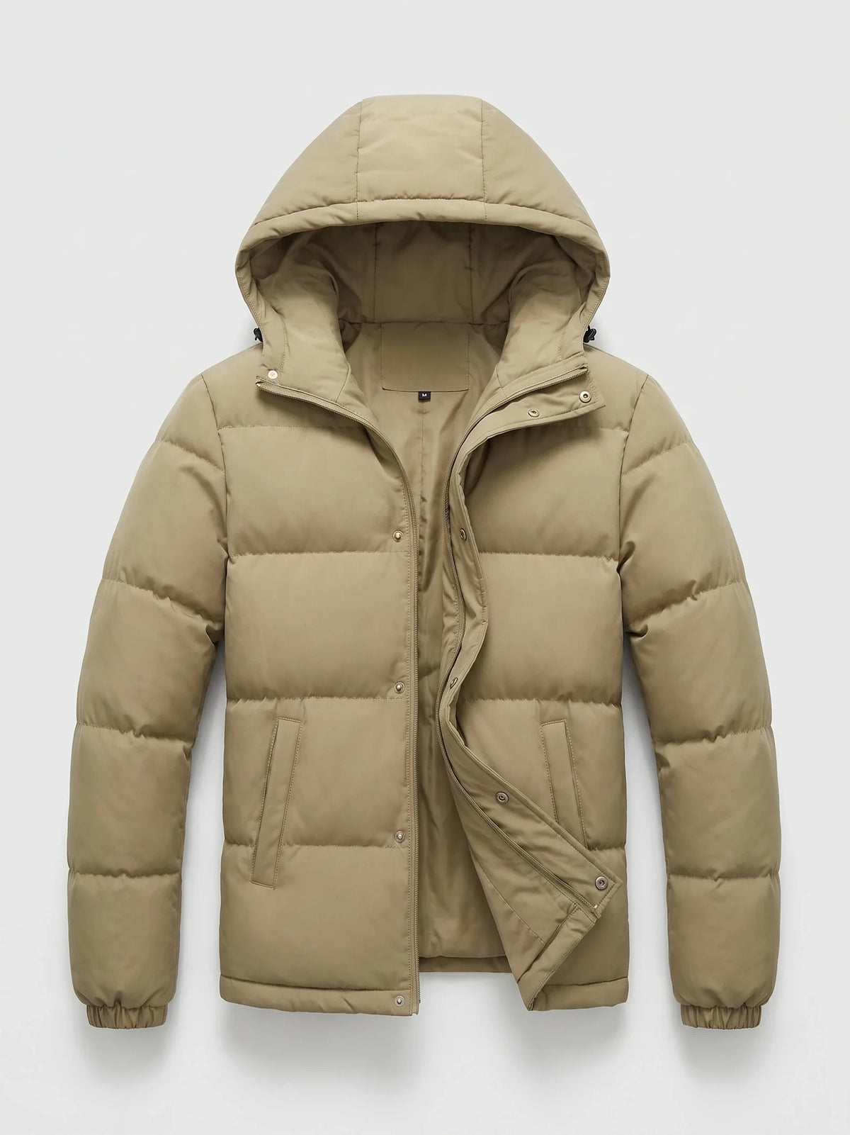 Men's water-resistant hooded puffer jacket – Khaki full view – Edward & Lawsen
