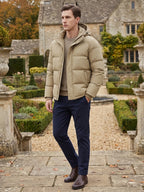 Men's water-resistant hooded puffer jacket – Khaki lifestyle view – Edward & Lawsen