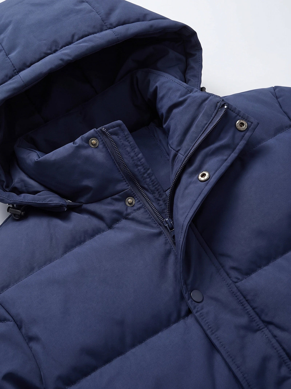 Men's water-resistant hooded puffer jacket – Navy detail view – Edward & Lawsen