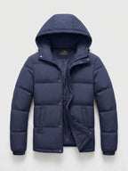 Men's water-resistant hooded puffer jacket – Navy full view – Edward & Lawsen