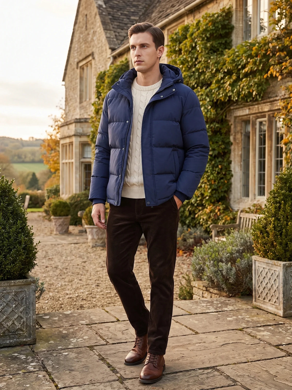 Men's water-resistant hooded puffer jacket – Navy lifestyle view – Edward & Lawsen