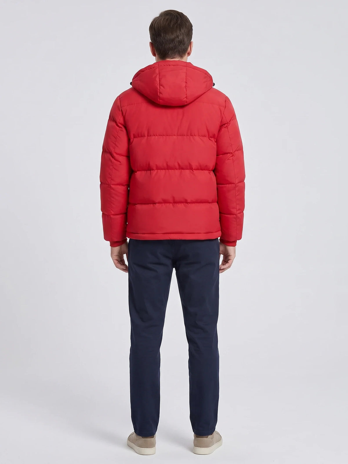 Men's water-resistant hooded puffer jacket – Red back view – Edward & Lawsen