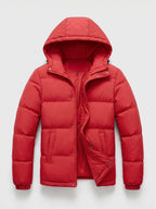 Men's water-resistant hooded puffer jacket – Red full view – Edward & Lawsen