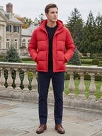 Men's water-resistant hooded puffer jacket – Red lifestyle view – Edward & Lawsen