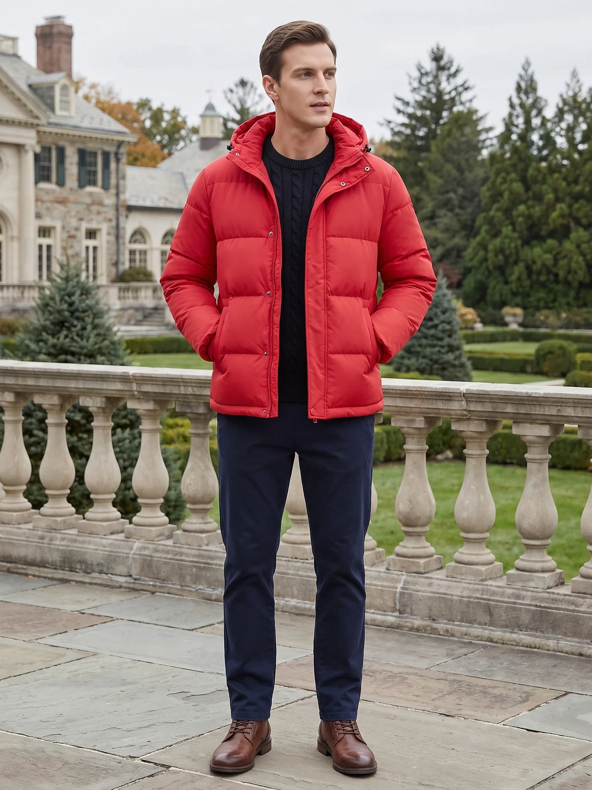 Men's water-resistant hooded puffer jacket – Red lifestyle view – Edward & Lawsen