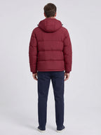 Men's water-resistant hooded puffer jacket – Wine back view – Edward & Lawsen