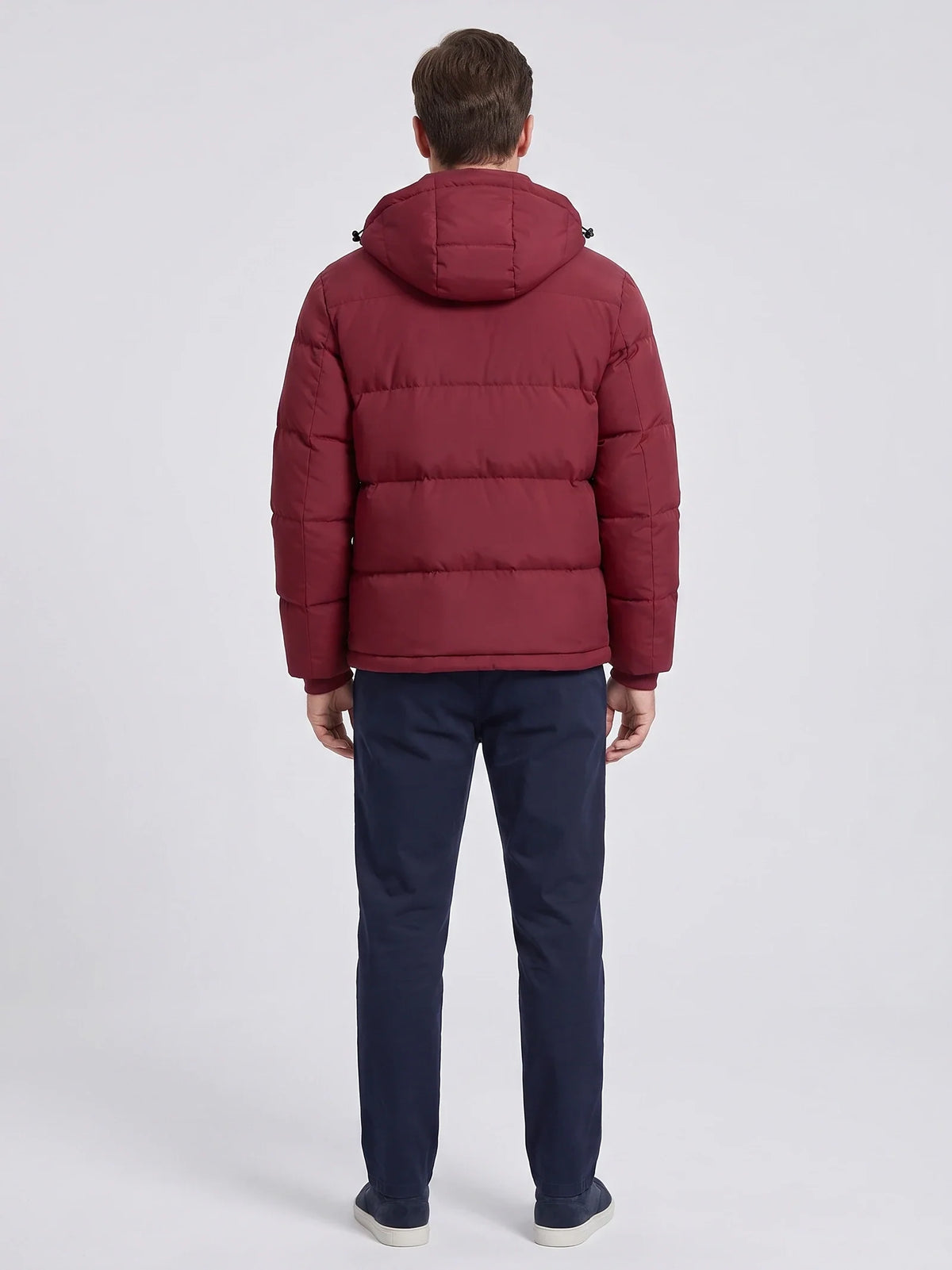 Men's water-resistant hooded puffer jacket – Wine back view – Edward & Lawsen