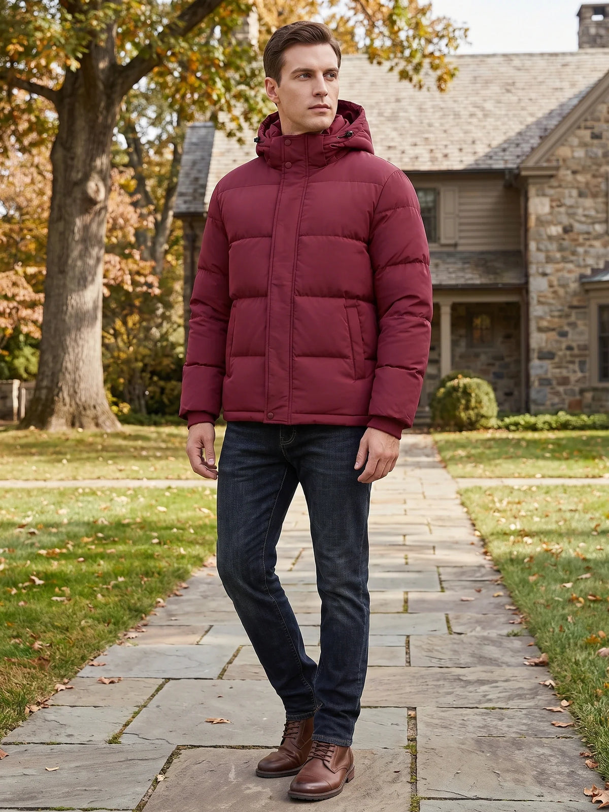 Men's water-resistant hooded puffer jacket – Wine lifestyle view – Edward & Lawsen