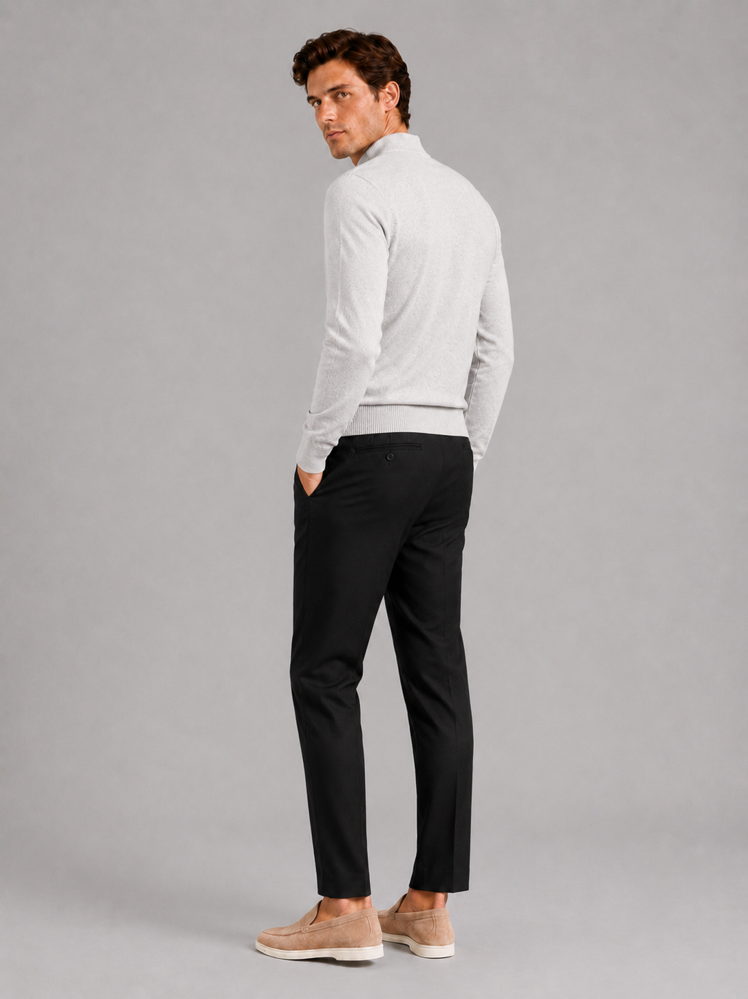 Men's slim fit mock neck sweater – Light Gray back view – Edward & Lawsen
