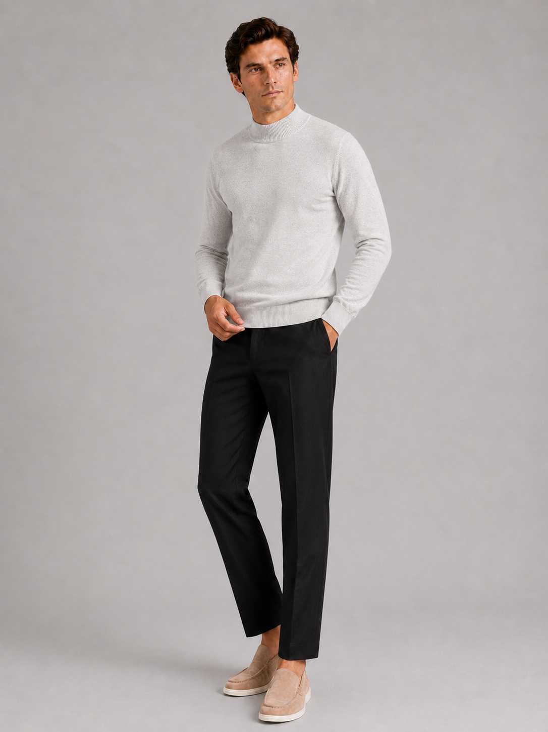 Men's slim fit mock neck sweater – Light Gray full view – Edward & Lawsen