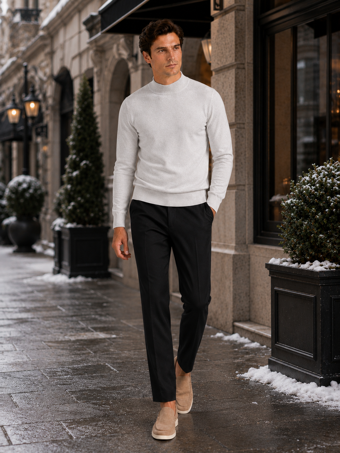 Men's slim fit mock neck sweater – Light Gray lifestyle view – Edward & Lawsen