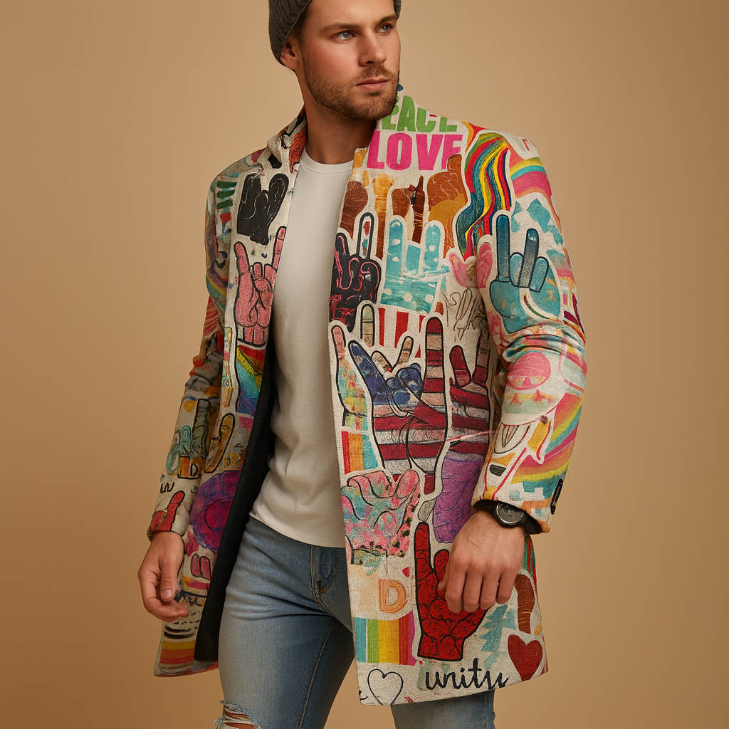 Men's graphic longline overcoat – beige – Edward Lawson