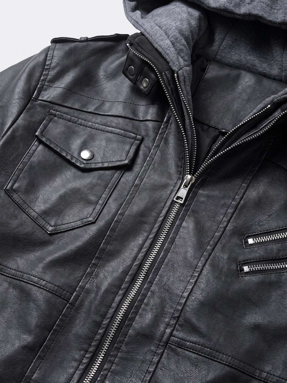 Men's PU leather motorcycle jacket – Black detail view – Edward & Lawsen