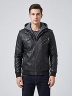 Men's PU leather motorcycle jacket – Black front view – Edward & Lawsen
