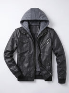 Men's PU leather motorcycle jacket – Black full view – Edward & Lawsen