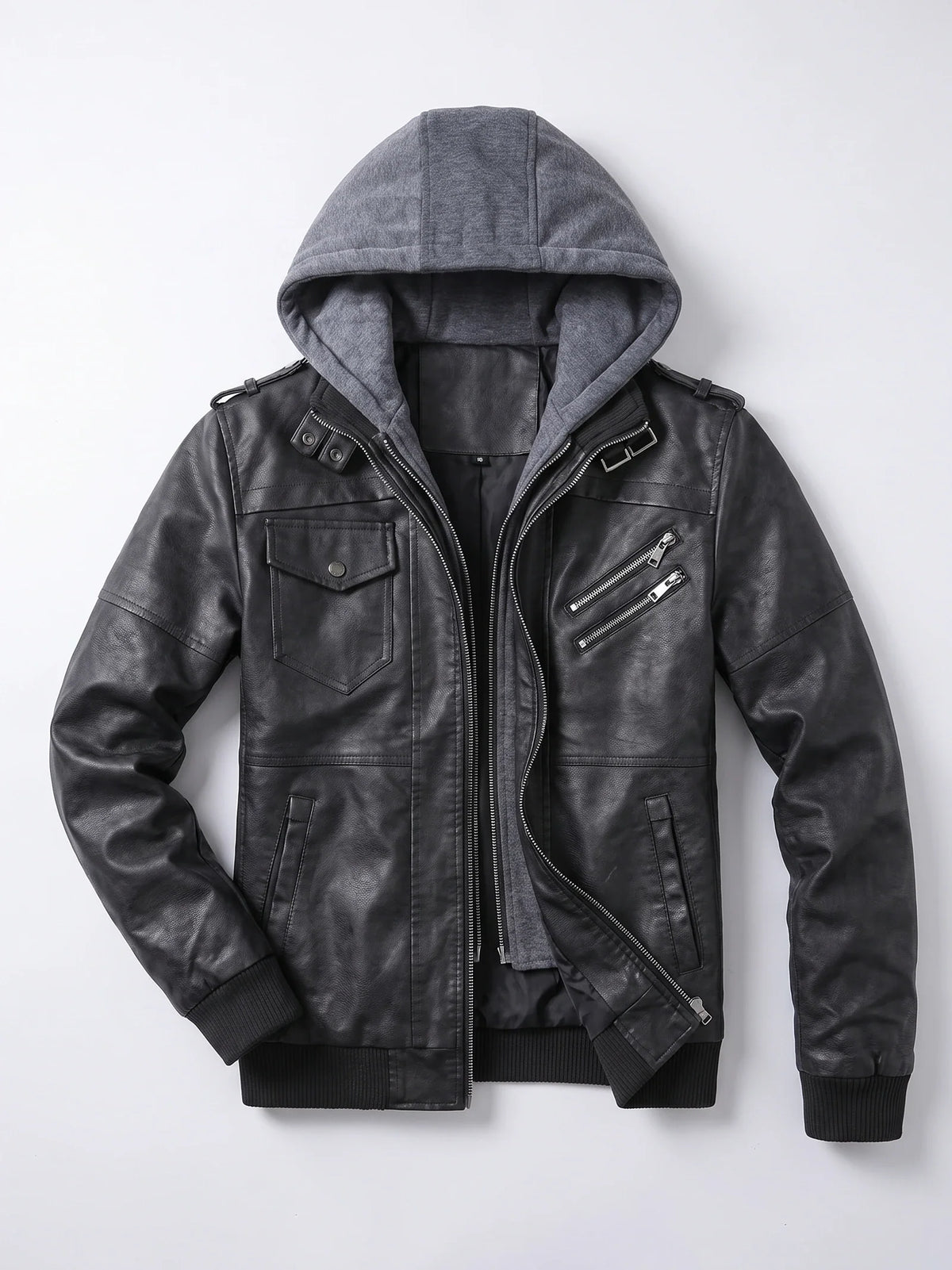 Men's PU leather motorcycle jacket – Black full view – Edward & Lawsen