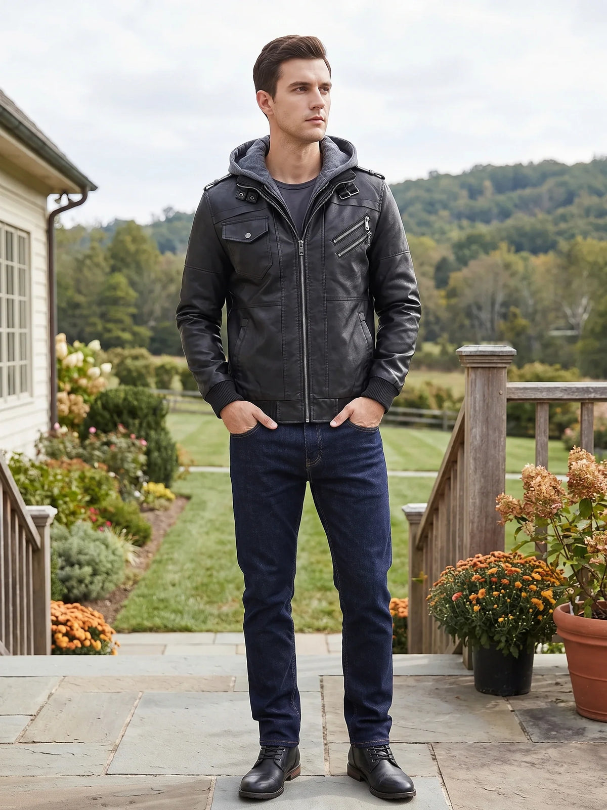 Men's PU leather motorcycle jacket – Black lifestyle view – Edward & Lawsen