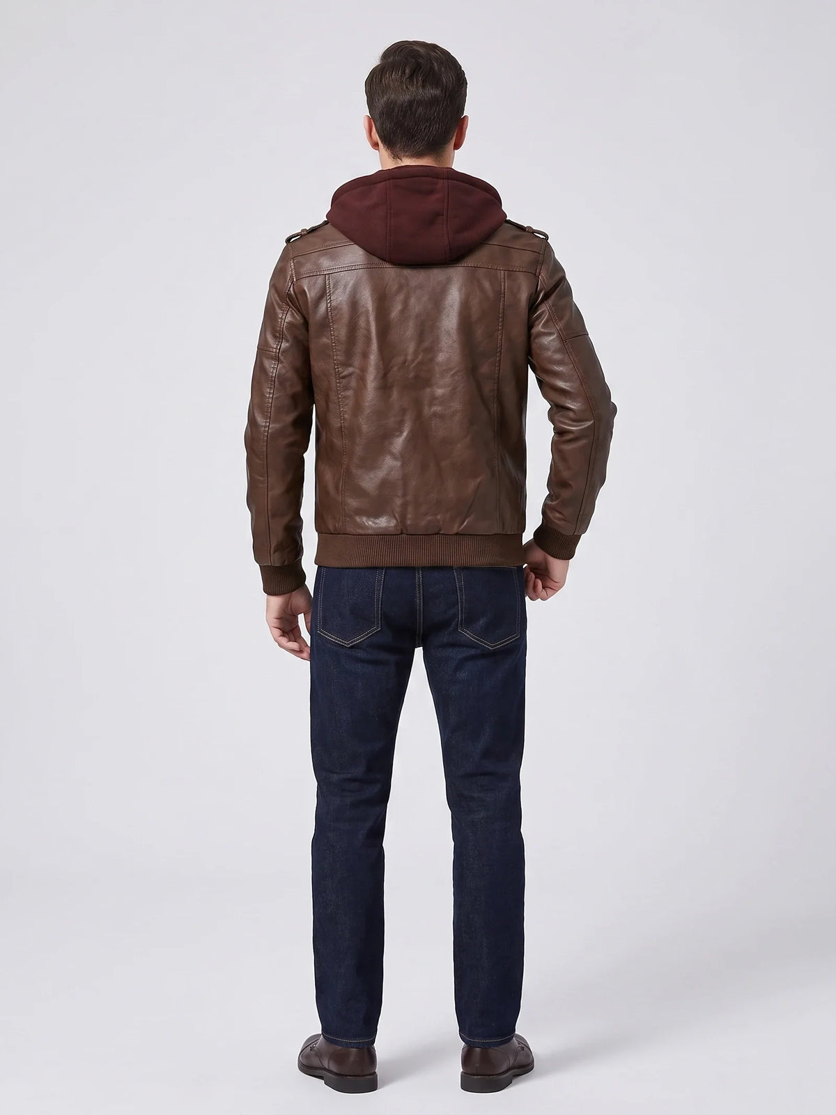 Men's PU leather motorcycle jacket – Brown back view – Edward & Lawsen