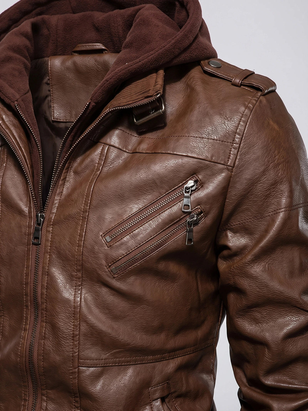 Men's PU leather motorcycle jacket – Brown detail view – Edward & Lawsen