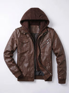 Men's PU leather motorcycle jacket – Brown full view – Edward & Lawsen