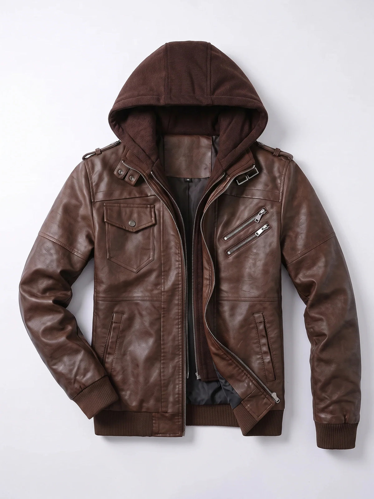 Men's PU leather motorcycle jacket – Brown full view – Edward & Lawsen