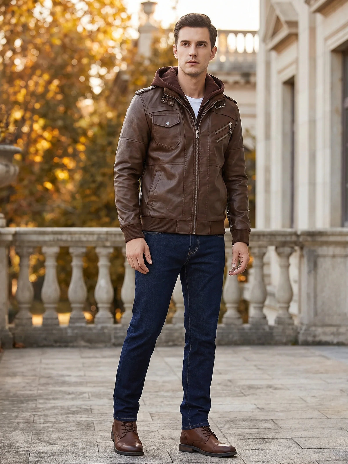 Men's PU leather motorcycle jacket – Brown lifestyle view – Edward & Lawsen
