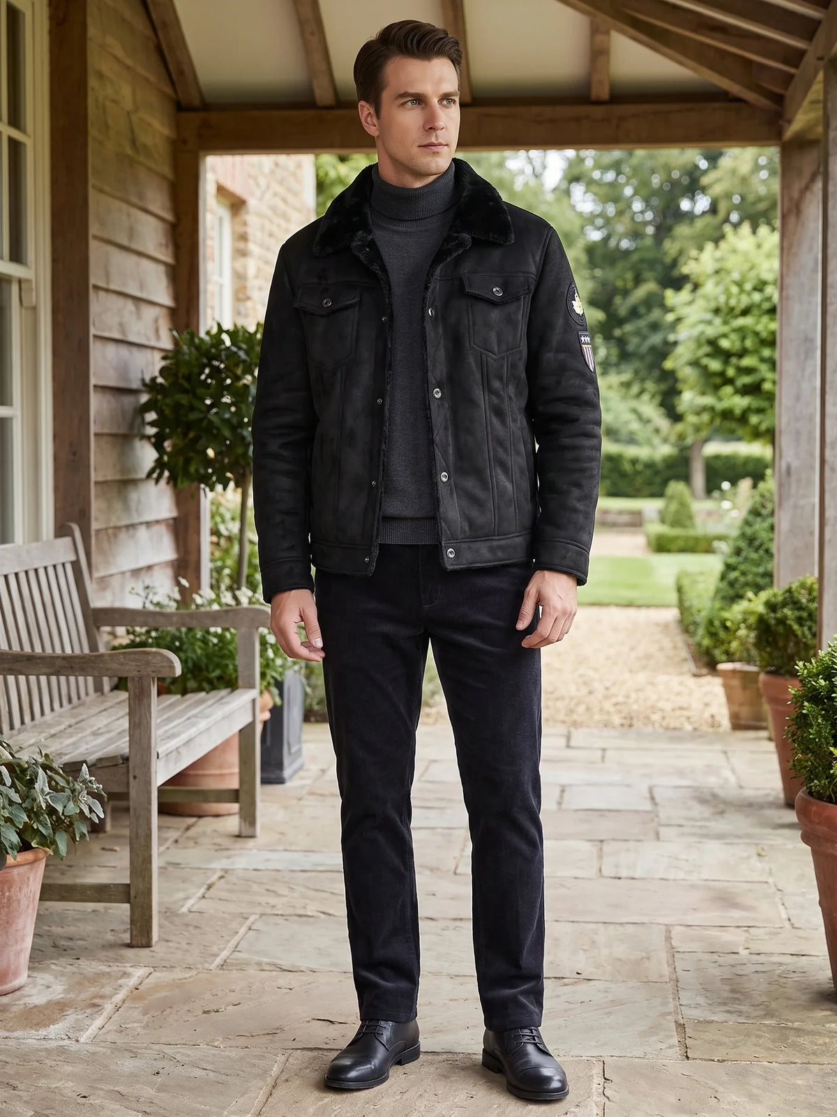 Men's slim fit bomber jacket – Black lifestyle view – Edward & Lawsen
