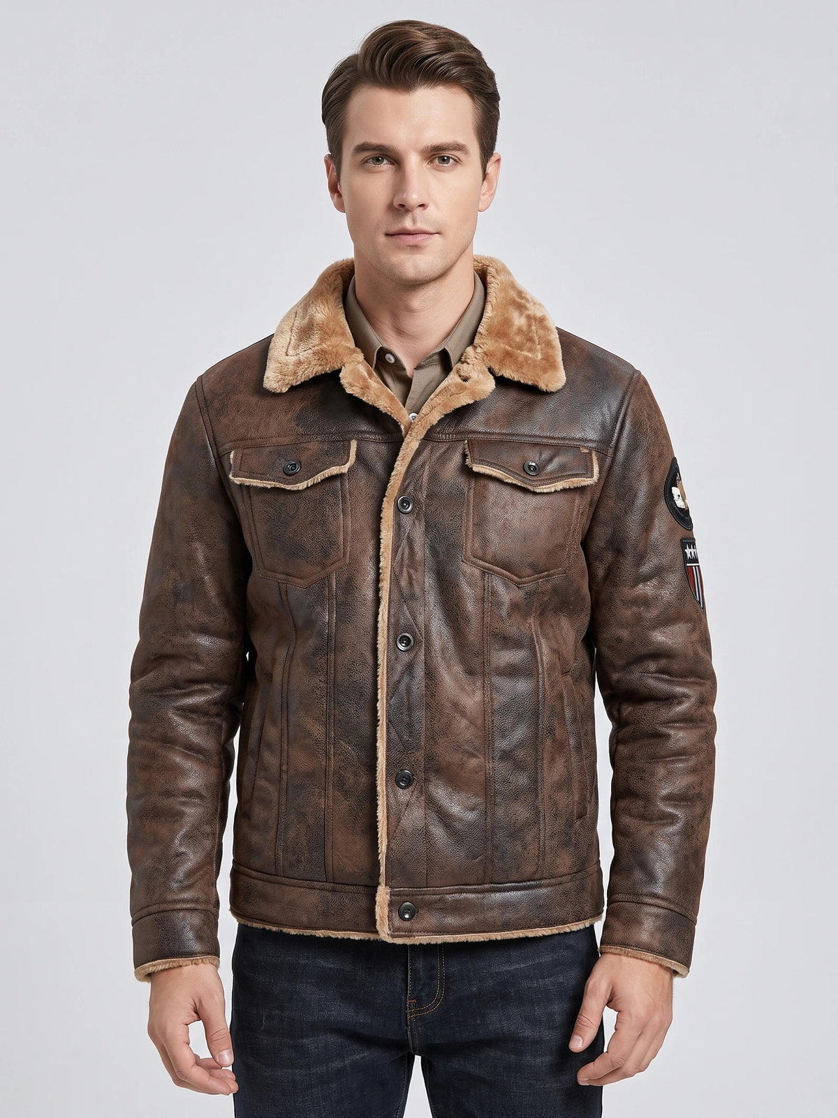 Men's slim fit bomber jacket – Brown front view – Edward & Lawsen