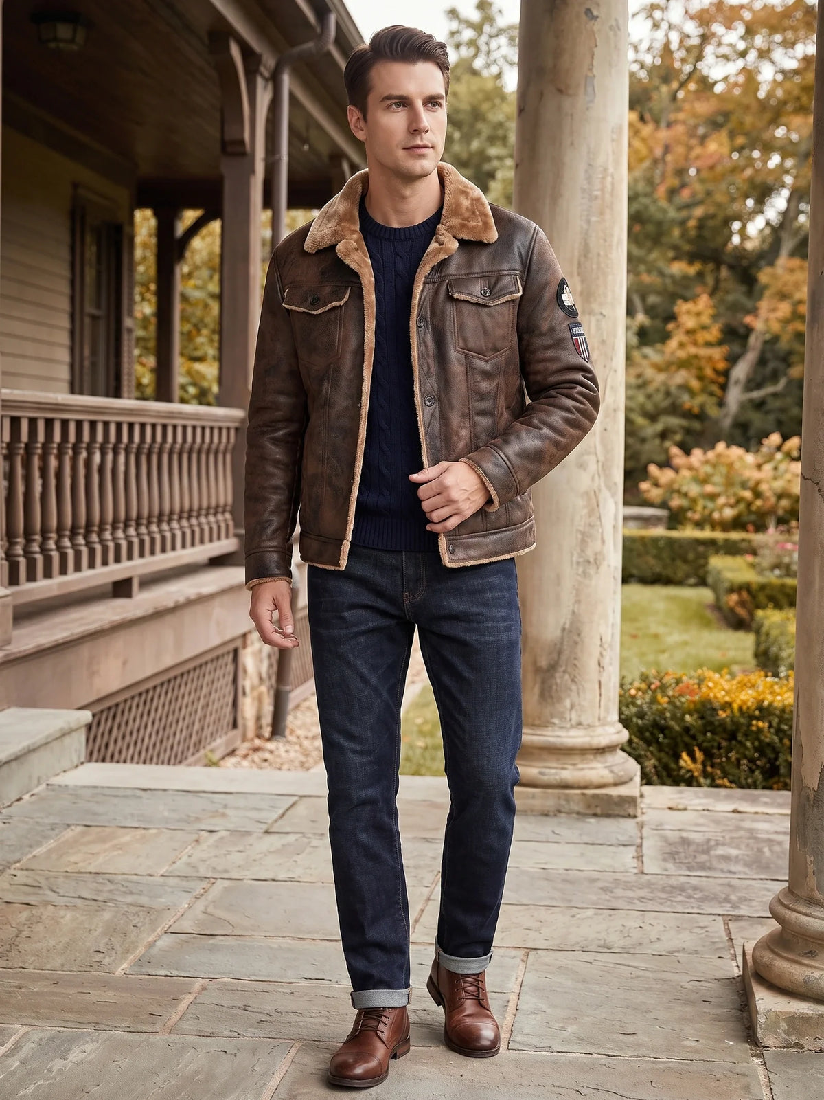 Men's slim fit bomber jacket – Brown lifestyle view – Edward & Lawsen