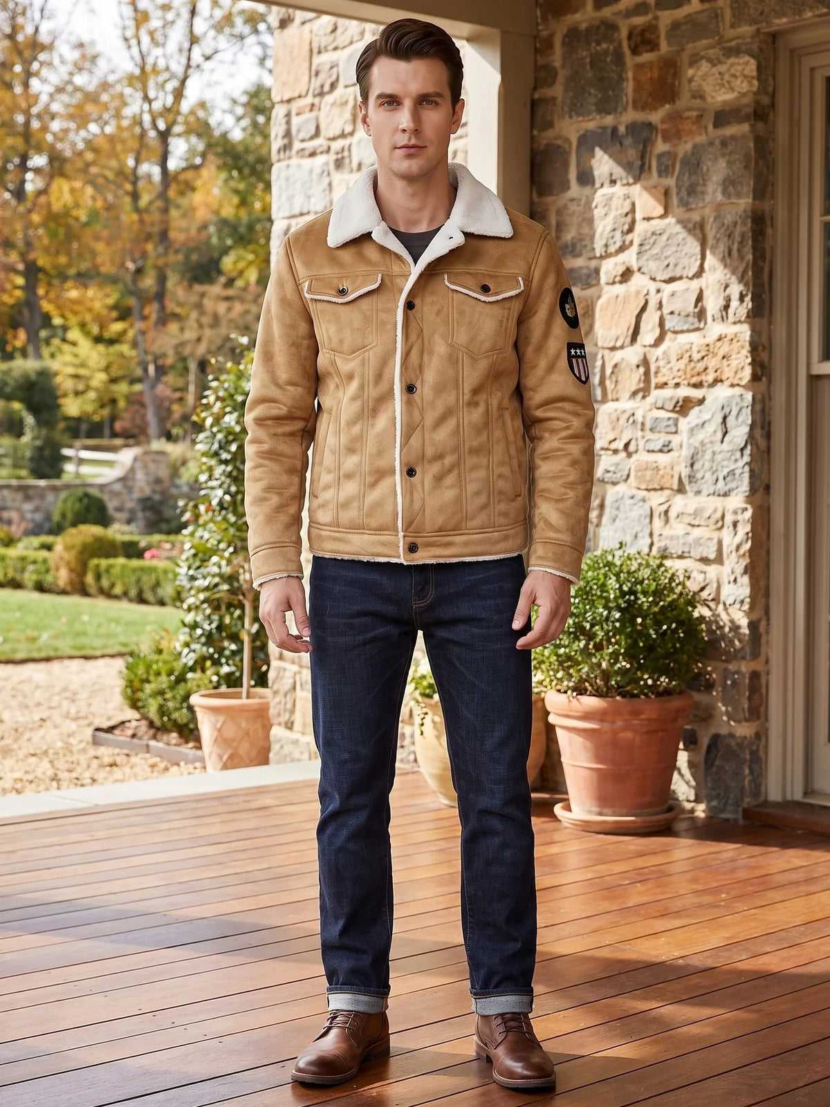 Men's slim fit bomber jacket – Khaki lifestyle view – Edward & Lawsen