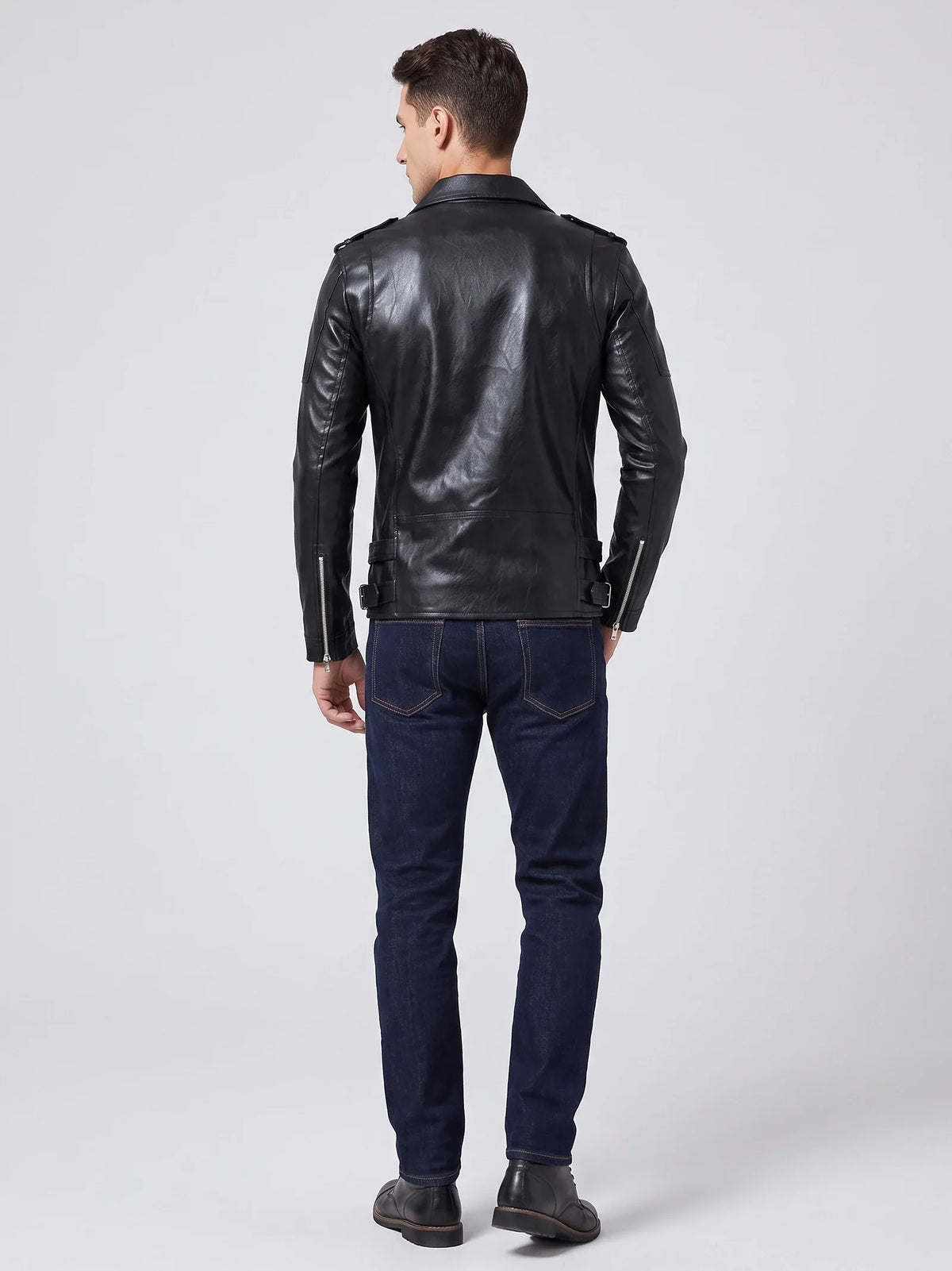 Men's PU leather biker jacket – Black back view – Edward & Lawsen