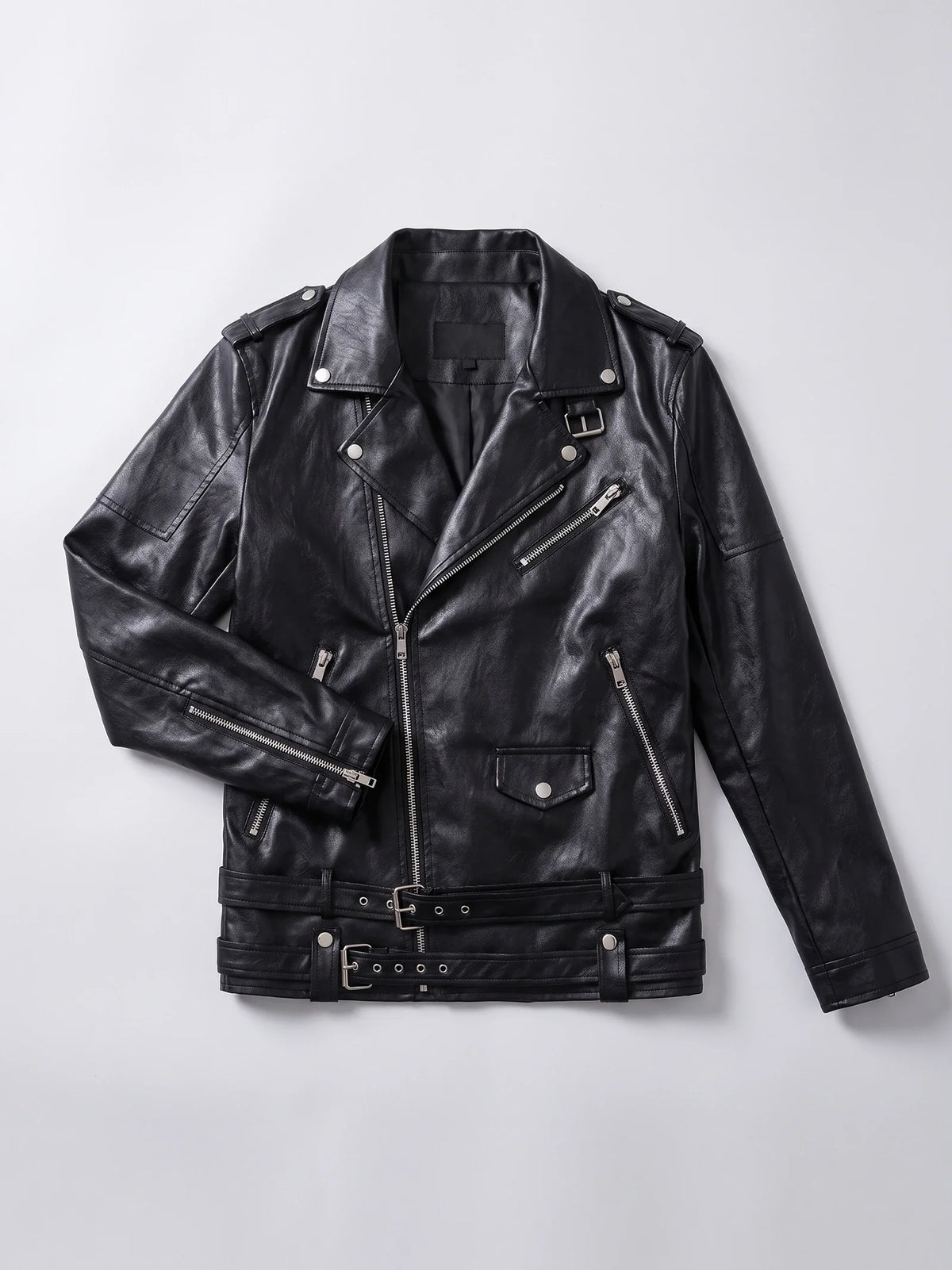 Men's PU leather biker jacket – Black full view – Edward & Lawsen