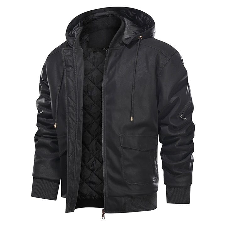 Men's hooded padded faux-leather bomber jacket – black – Edward Lawson