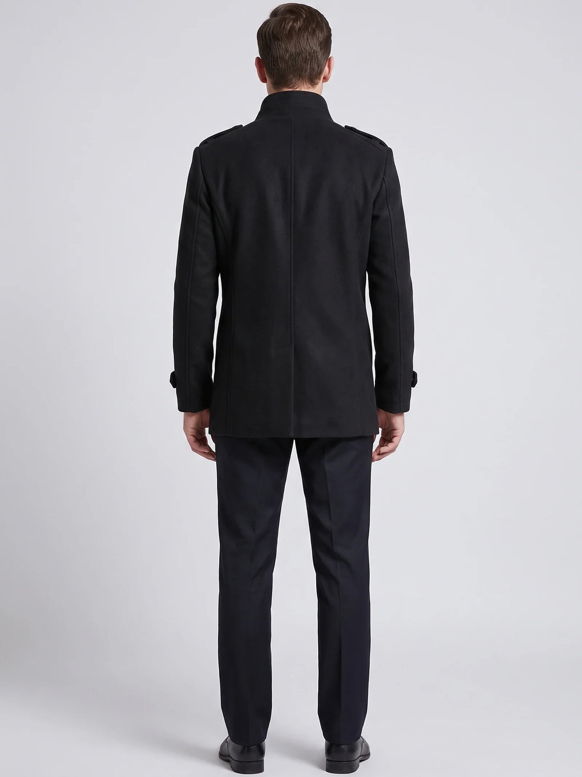 Men's long wool overcoat – Black back view – Edward & Lawsen