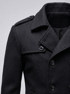 Men's long wool overcoat – Black detail view – Edward & Lawsen