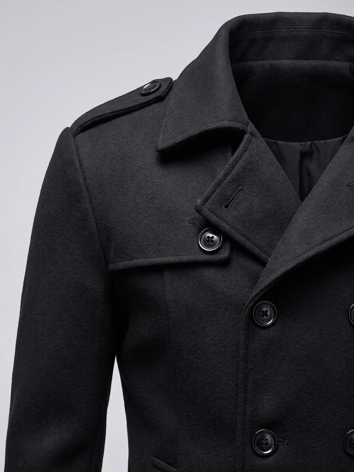 Men's long wool overcoat – Black detail view – Edward & Lawsen