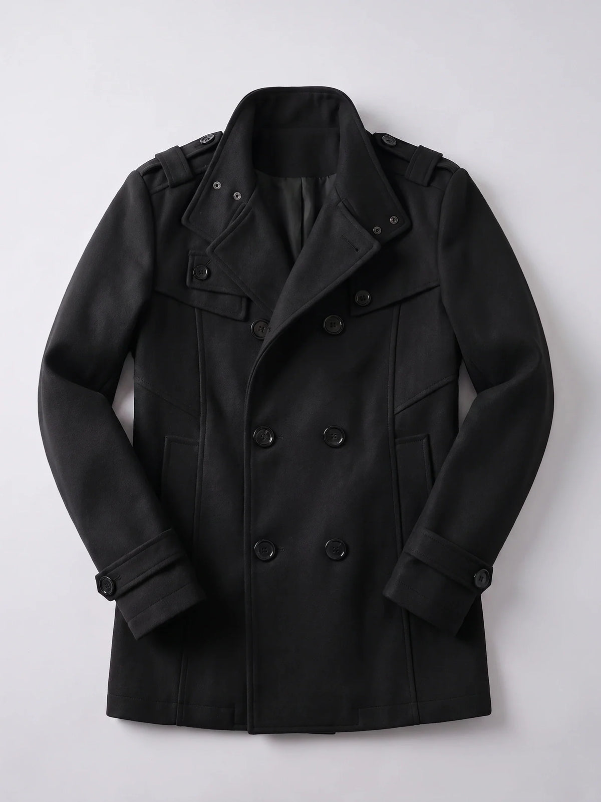 Men's long wool overcoat – Black full view – Edward & Lawsen