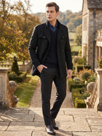Men's long wool overcoat – Black lifestyle view – Edward & Lawsen